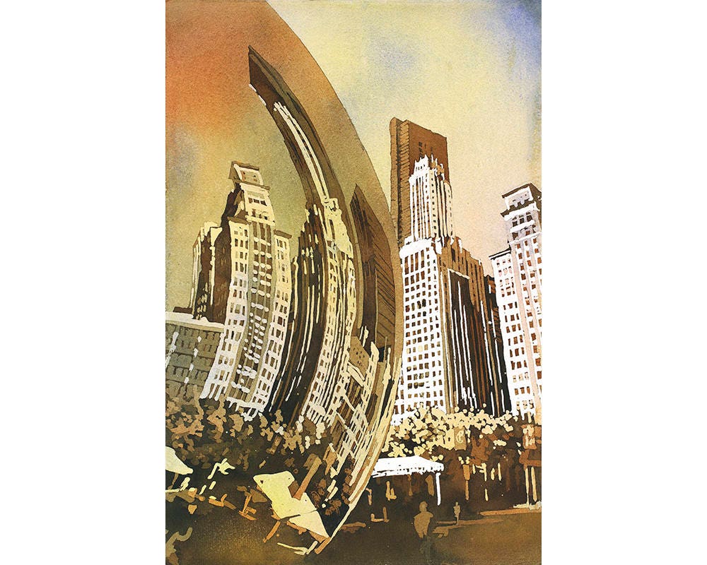 Watercolor painting of Cloud Gate (Chicago Bean) statue and skyscraper skyline in Millennium Park- Chicago, Illinois (USA).