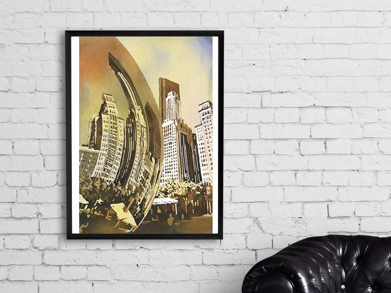 Watercolor painting of Cloud Gate (Chicago Bean) statue and skyscraper skyline in Millennium Park- Chicago, Illinois (USA).