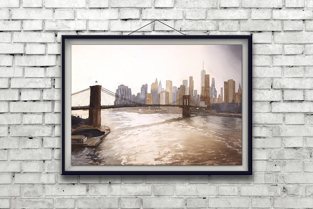 Puente de Brooklyn y rascacielos de Manhattan al atardecer en la ciudad de Nueva York, Nueva York, Estados Unidos. Pintura acuarela del horizonte de Manhattan. Arte de Nueva York (impresión)