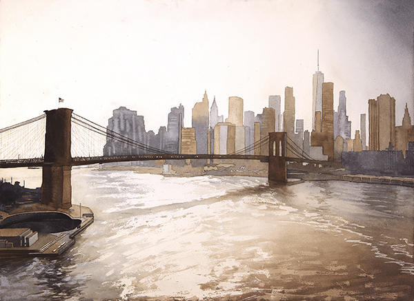 Puente de Brooklyn y rascacielos de Manhattan al atardecer en la ciudad de Nueva York, Nueva York, Estados Unidos. Pintura acuarela del horizonte de Manhattan. Arte de Nueva York (impresión)
