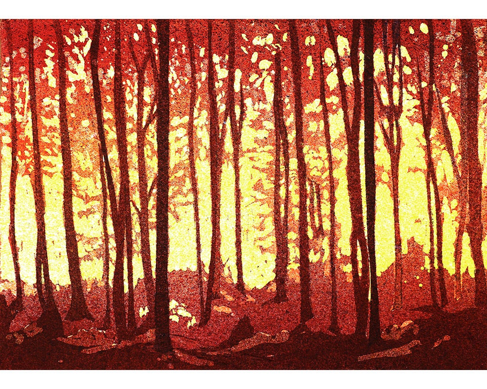 Watercolor painting of trees silhouetted in forest at sunset.  Landscape watercolor painting, fine art landscape, forest at sunset (print)