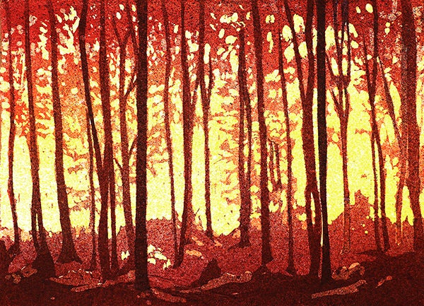 Watercolor painting of trees silhouetted in forest at sunset.  Landscape watercolor painting, fine art landscape, forest at sunset (print)