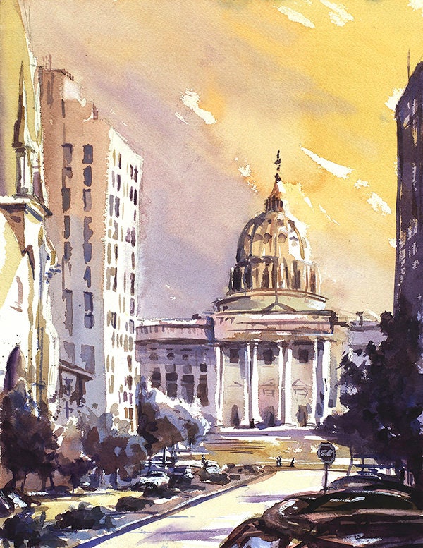 Capital del estado de Harrisburg al atardecer - Harrisburg (EE.UU.), pintura de Pensilvania Edificio del Capitolio de Harrisburg foto del atardecer Arte del horizonte de Harrisburg (impresión)