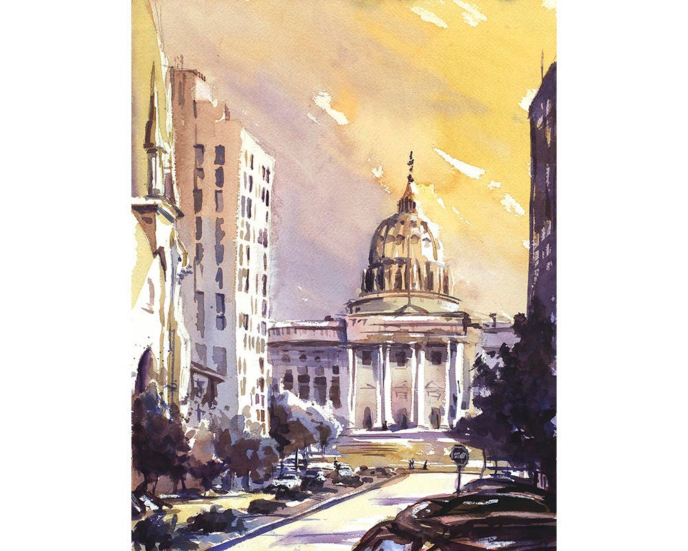 Capital del estado de Harrisburg al atardecer - Harrisburg (EE.UU.), pintura de Pensilvania Edificio del Capitolio de Harrisburg foto del atardecer Arte del horizonte de Harrisburg (impresión)