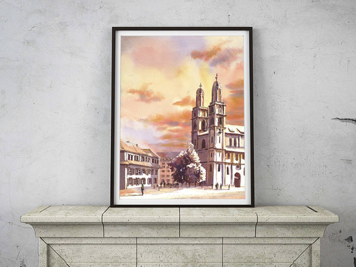 Pintura de la iglesia de Grossmunster en Zurich, Suiza, Zurich acuarela pintura iglesia bellas artes impresión iglesia giclee Zurich puesta de sol arte (impresión)