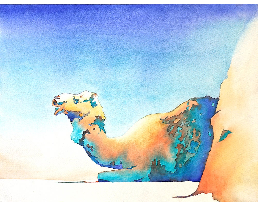 Camel resting on ground- fine art watercolor painting.  Original watercolor painting camel, wall art camel  giclee, animal art (print)