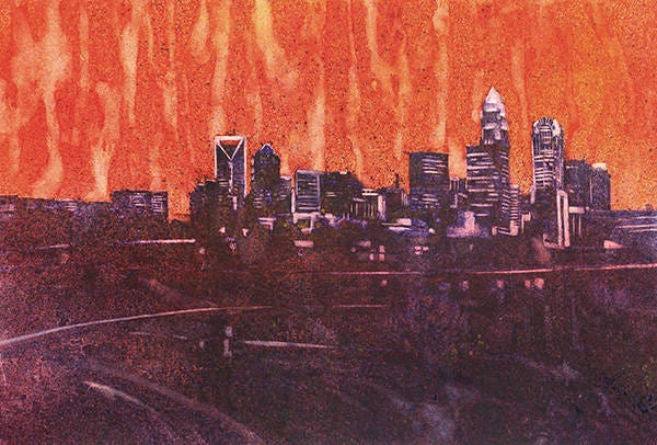 Colorful watercolor sunset over Charlotte’s iconic skyline, ideal for home or office art.
