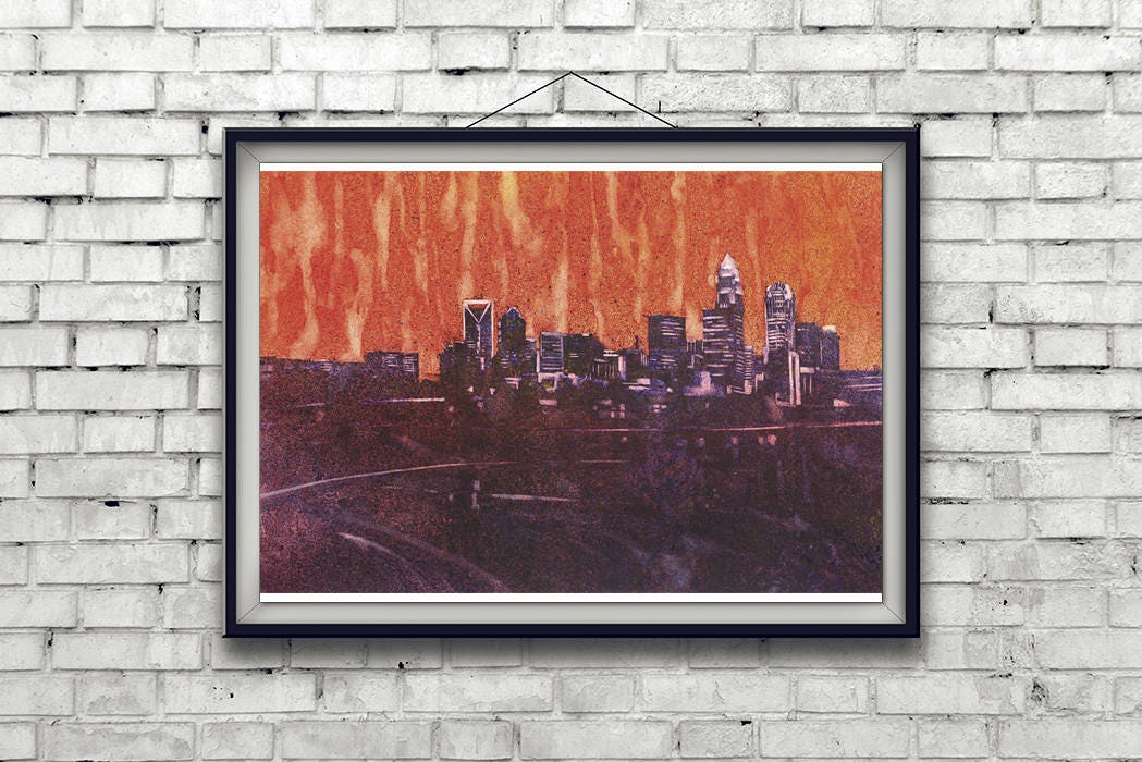Charlotte NC skyline artwork in watercolor, perfect for city lovers and modern wall decor.
