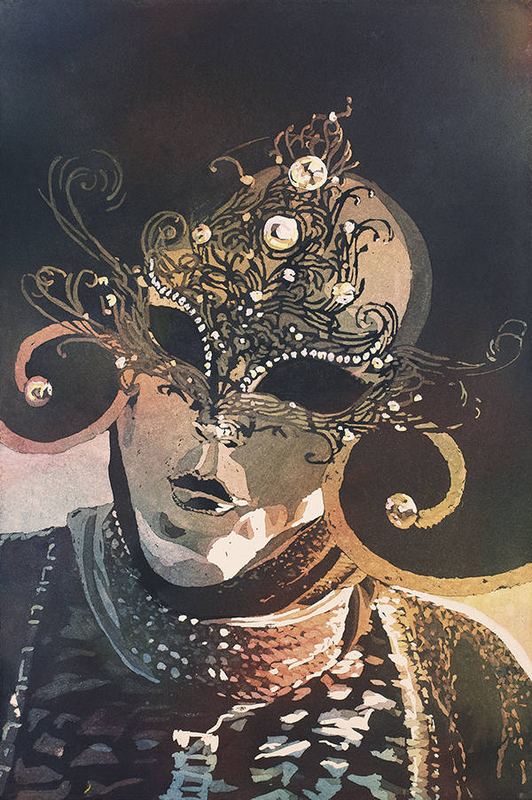 Hand-painted Venice Carnival scene highlighting the elegance and mystery of traditional masks.
