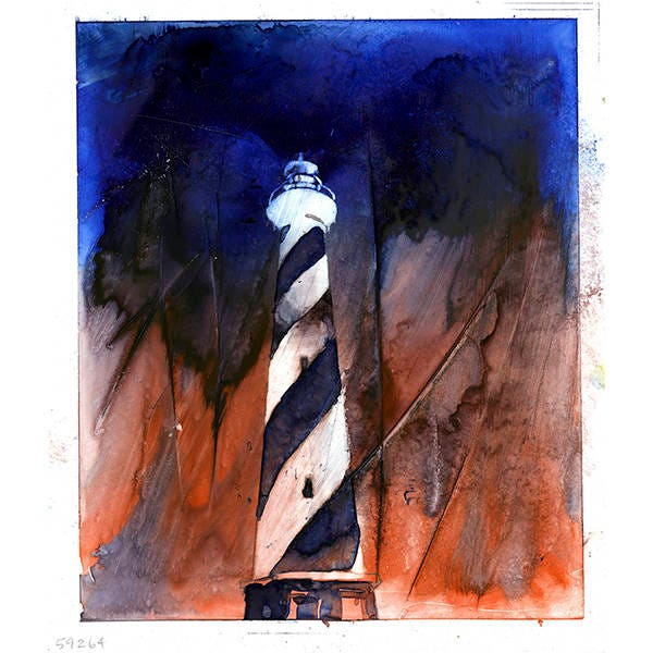 Faro de Cabo Hatteras - Outer Banks, Carolina del Norte. Cuadro de faro OBX. Pintura de acuarela obra de arte del faro Cabo Hatteras (impresión)