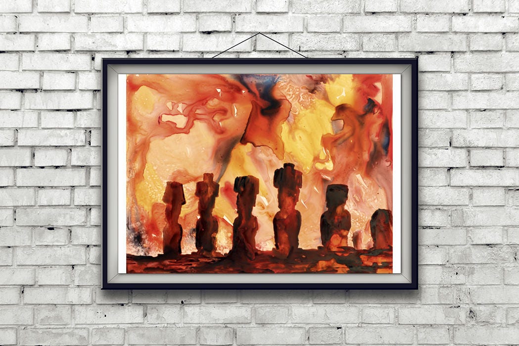 Moai watercolor landscape painting by Ryan Fox capturing the sacred ruins of Chile’s Easter Island in rich red and orange hues—great for art collectors.