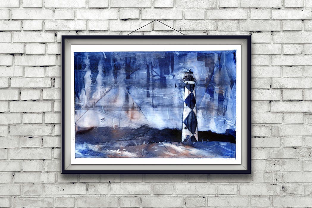 Faro de Cape Lookout - Outer Banks, Carolina del Norte. Cuadro de faro OBX. Arte de pared de pintura de faro. Acuarela (impresión)