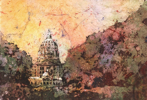 Capital del estado en Harrisburg, PA paisaje acuarela. Harrisburg Capital pintura arte Batik pintura arte del horizonte de Harrisburg (arte original)