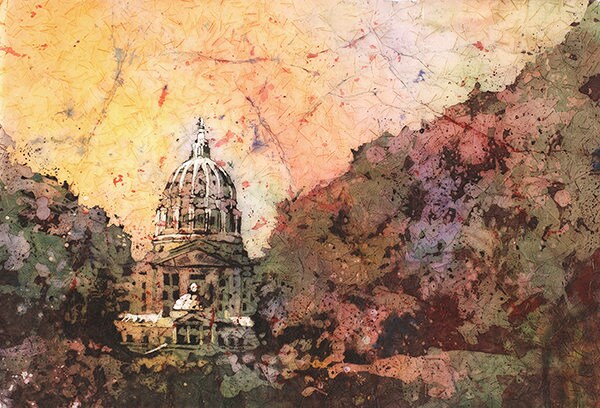 Capital del estado en Harrisburg, PA acuarela paisaje Harrisburg Capital pintura impresión arte Batik pintura Harrisburg horizonte arte giclee