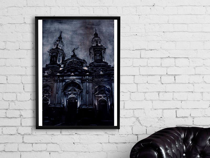 Elegant watercolor of Santiago Cathedral’s neoclassical columns under a soft Chilean sky, perfect for travel lovers and cultural interior design.