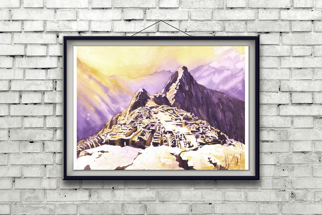 Fine art watercolor painting showing the perspective from the Hut of the Caretaker at Machu Picchu—ideal wall art for modern interiors or global decor themes.