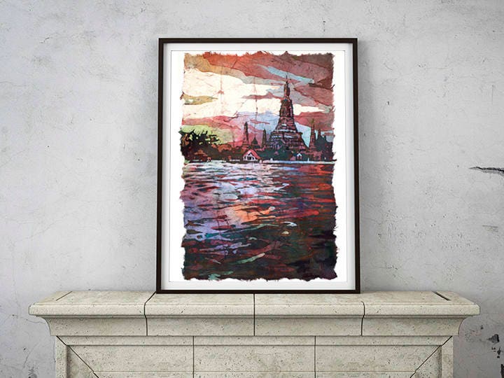 Wat Arun silhouetted at sunset from across the Chao Praya river- Bangkok, Thailand.  Wat Arun art watercolor painting Bangkok (print)