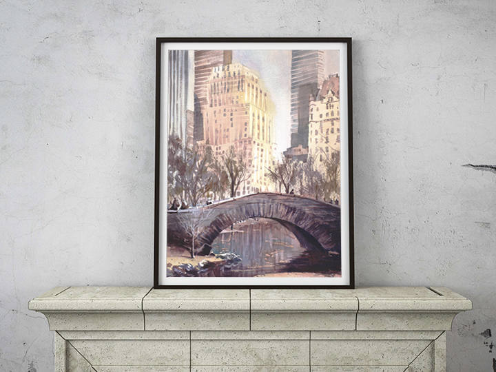 Puente de Central Park en la ciudad de Nueva York, pintura en acuarela de los rascacielos de Nueva York, pintura de Nueva York, arte mural, paisaje fotográfico de Nueva York, arte mural (impresión)
