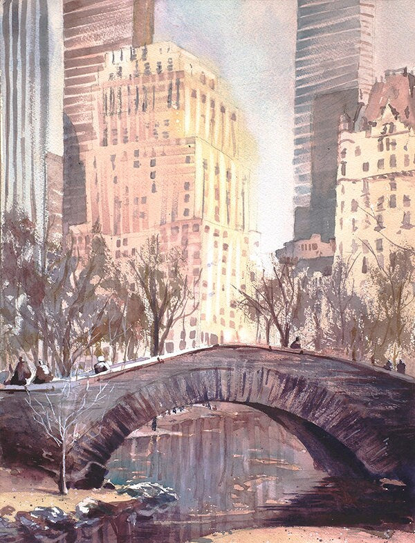 Puente de Central Park en la ciudad de Nueva York, pintura en acuarela de los rascacielos de Nueva York, pintura de Nueva York, arte mural, paisaje fotográfico de Nueva York, arte mural (impresión)