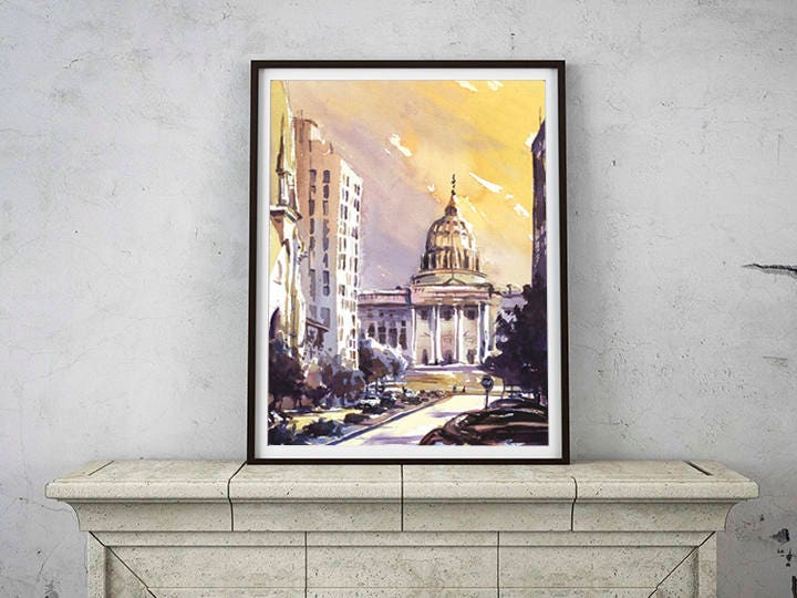 Capital del estado de Harrisburg al atardecer - Harrisburg (EE.UU.), pintura de Pensilvania Edificio del Capitolio de Harrisburg foto del atardecer Arte del horizonte de Harrisburg (impresión)