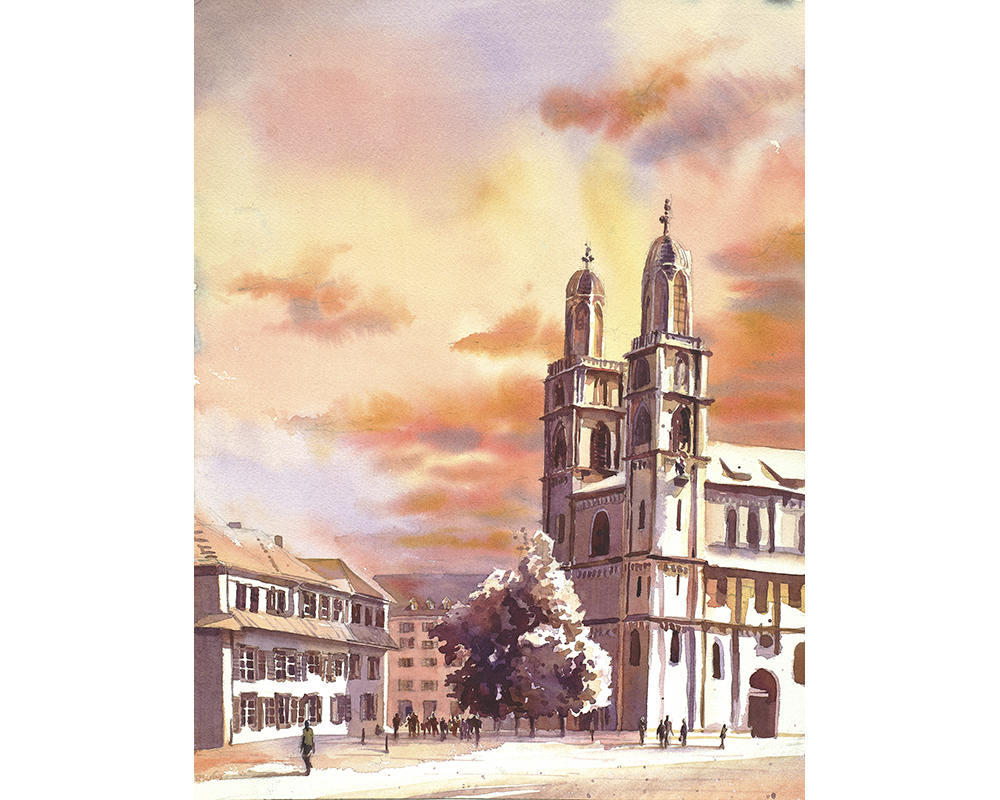 Pintura de la iglesia de Grossmunster en Zurich, Suiza, Zurich acuarela pintura iglesia bellas artes impresión iglesia giclee Zurich puesta de sol arte (impresión)