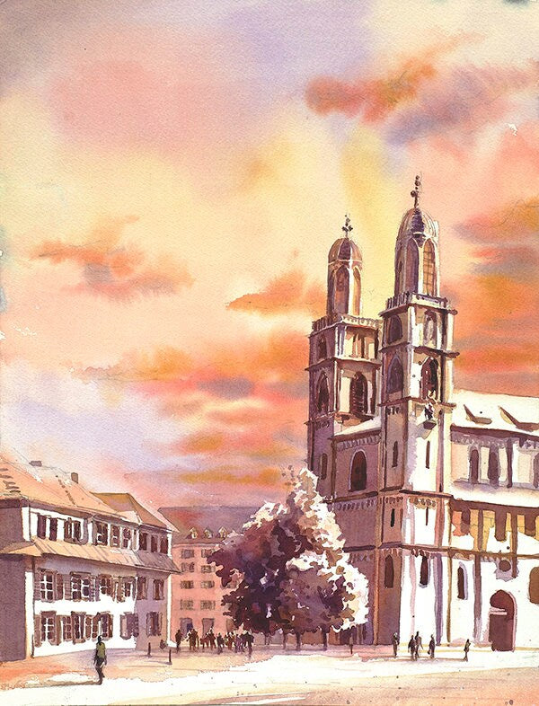 Pintura de la iglesia de Grossmunster en Zurich, Suiza, Zurich acuarela pintura iglesia bellas artes impresión iglesia giclee Zurich puesta de sol arte (impresión)
