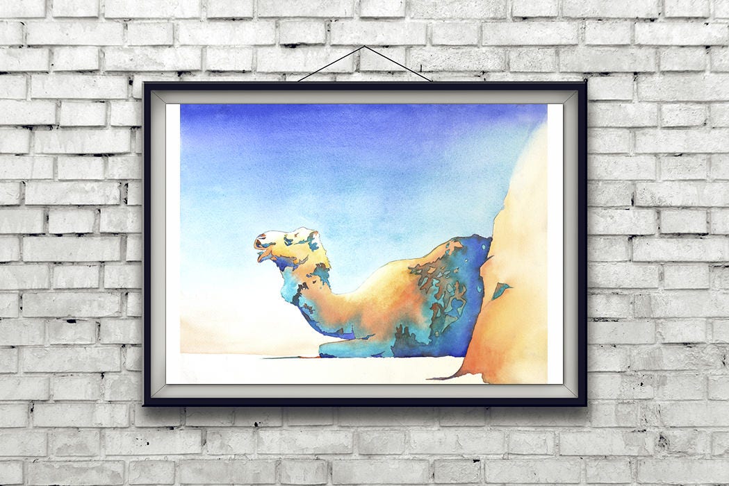Camel resting on ground- fine art watercolor painting.  Original watercolor painting camel, wall art camel  giclee, animal art (print)