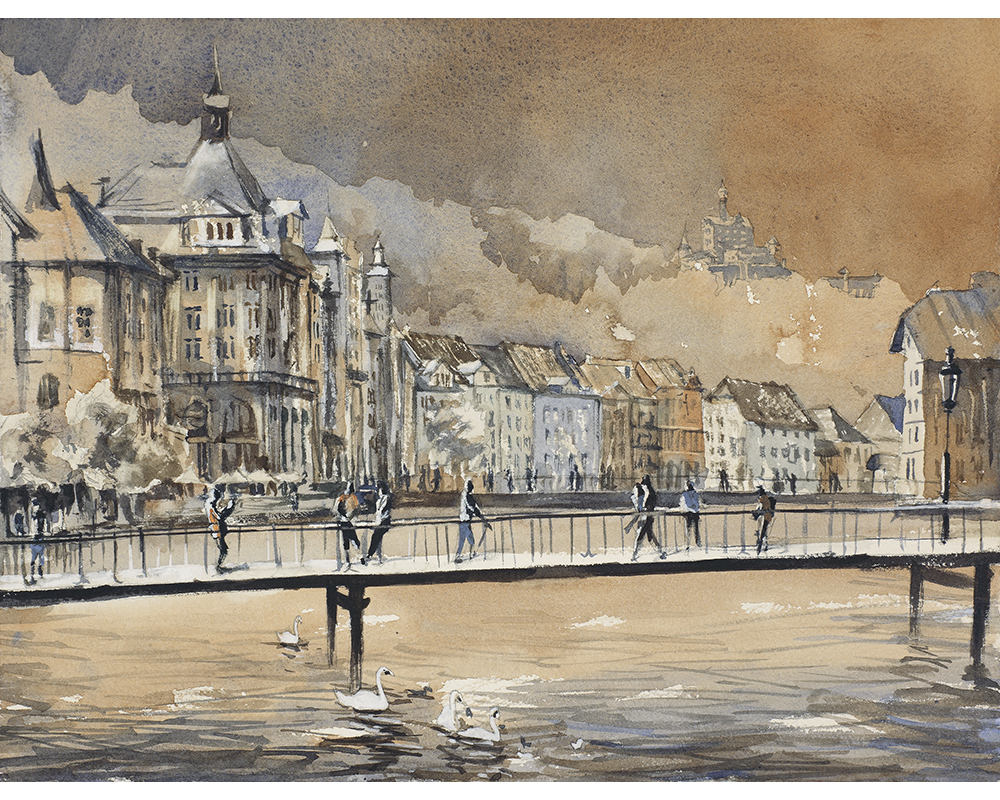 Centro de Lucerna al atardecer-Suiza, Lucerna acuarela arte Suiza pintura paisaje acuarela pintura Lucerna Suiza (impresión)