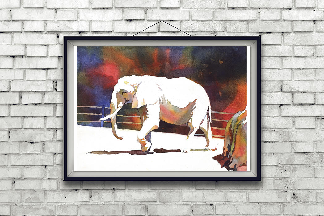 Elephant Walking In Zoo - Watercolor Painting (print)