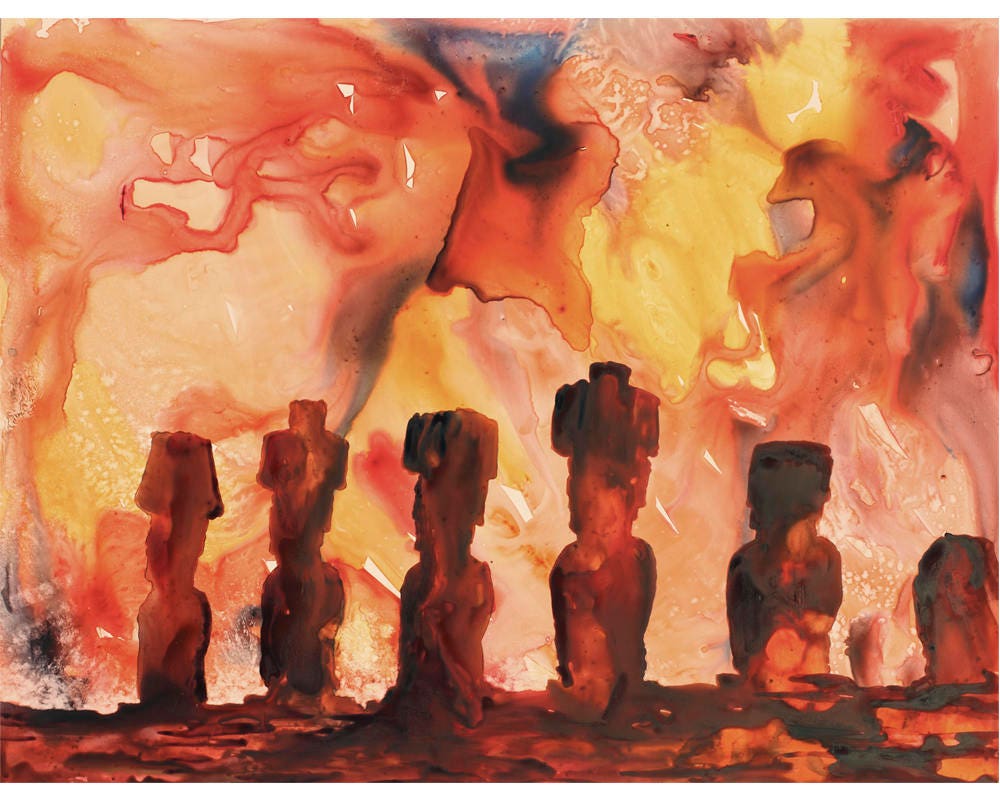 Striking Easter Island wall art showing Moai statues in a vibrant fine art watercolor, perfect for cultural interior design or as a unique gift for her.