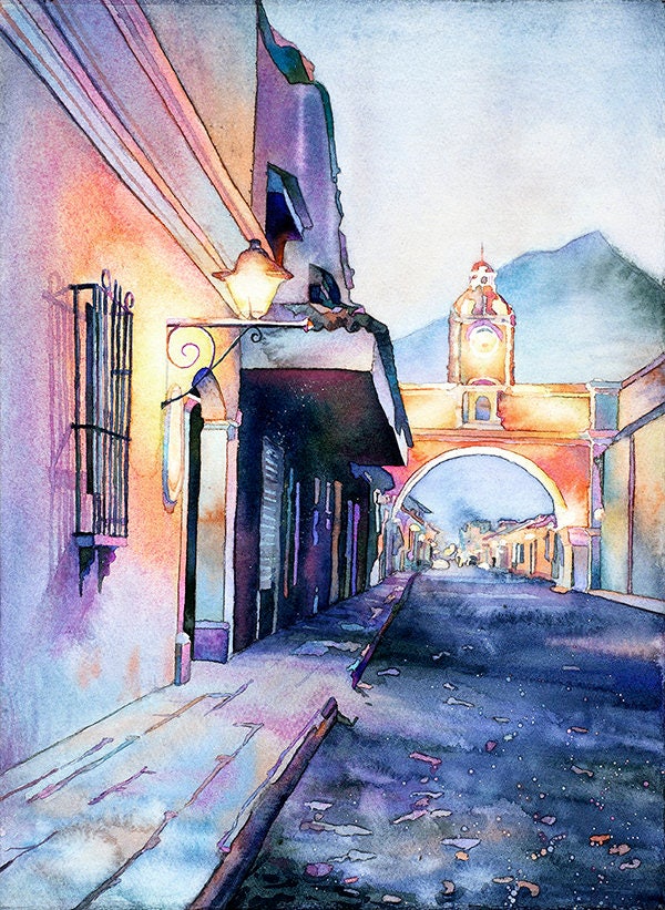 Vivid and expressive Antigua watercolor landscape of Guatemala’s most famous archway—perfect for travel essentials wall art and global interiors.