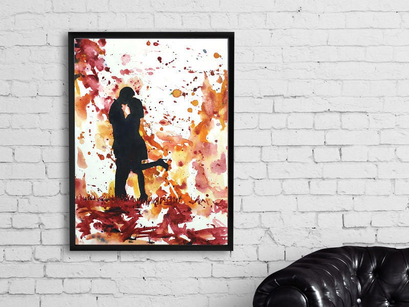 Couple kissing watercolor painting, romantic art Valentines Day watercolor painting art love wall print red couples painting romance artwork (print)