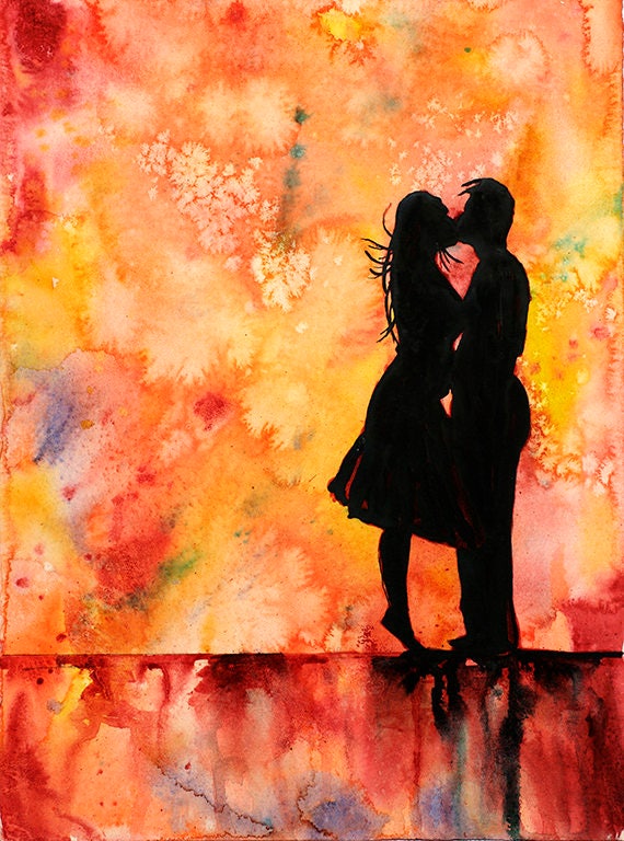 Watercolor painting of silhouette of couple kissing. Valentines Day artwork. Vday gift. Romantic artwork