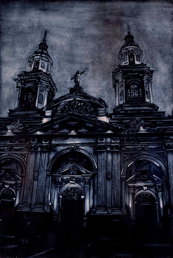 Watercolor art of the grand Cathedral on Plaza de Armas in Santiago, Chile, with neoclassical detail and warm urban lighting—great gift for him or her.