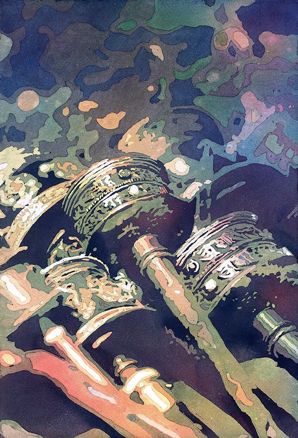 Ruedas de oración budistas sobre la mesa en el mercado de Katmandú, Nepal, Ruedas de oración pintura artística Nepal Budismo arte acuarela (impresión)
