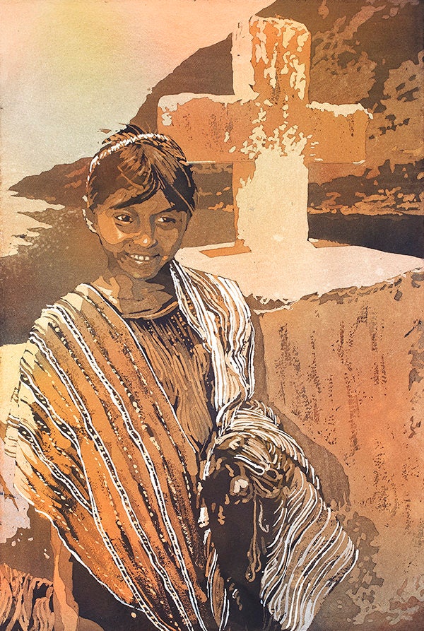 Lake Atitlan- Guatemala.  Girl in front of cross painting.  Watercolor painting Lake Atitlan Guatemala art watercolor painting girl (print)