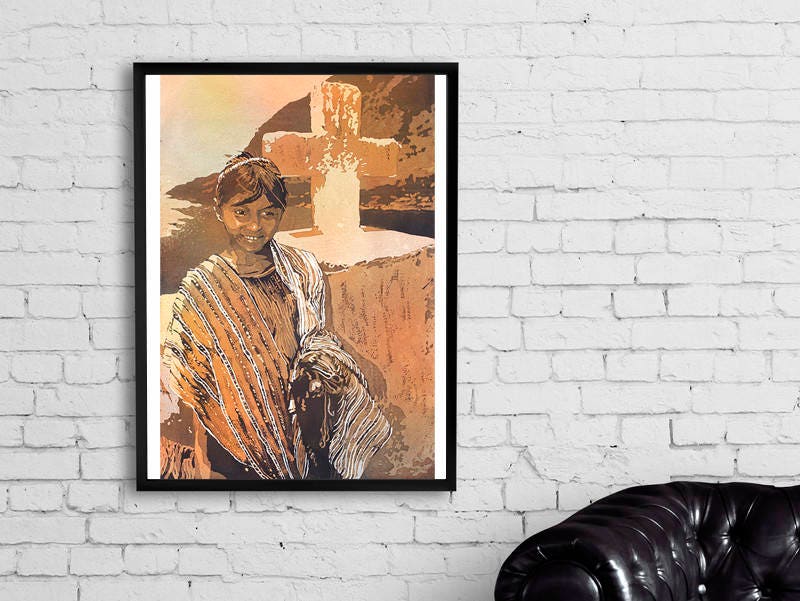 Lake Atitlan- Guatemala.  Girl in front of cross painting.  Watercolor painting Lake Atitlan Guatemala art watercolor painting girl (print)