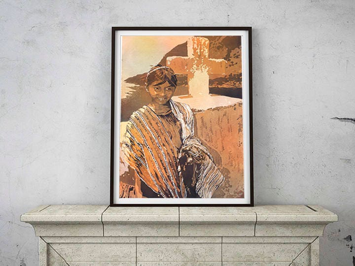 Lake Atitlan- Guatemala.  Girl in front of cross painting.  Watercolor painting Lake Atitlan Guatemala art watercolor painting girl (print)