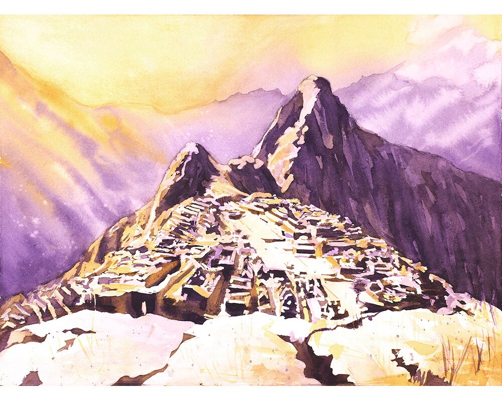 Machu Picchu fine art watercolor featuring panoramic Andean mountain scenery, ancient paths, and iconic ruins—great for office art or a thoughtful gift for her.