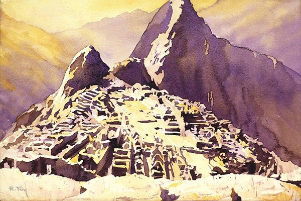 Watercolor painting of Huayna Picchu rising above Incan ruins of Machu Picchu- Sacred Valley, Peru.