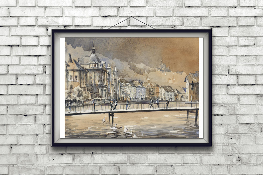 Centro de Lucerna al atardecer-Suiza, Lucerna acuarela arte Suiza pintura paisaje acuarela pintura Lucerna Suiza (impresión)