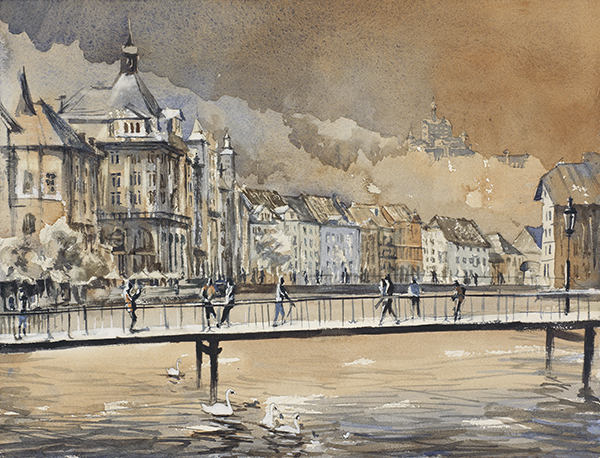 Centro de Lucerna al atardecer-Suiza, Lucerna acuarela arte Suiza pintura paisaje acuarela pintura Lucerna Suiza (impresión)