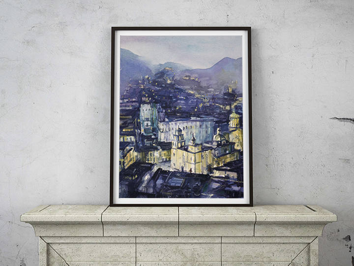 Richly colored painting of Guanajuato at night showing a lantern-lit street and colorful walls—ideal for adding character to home or office settings.