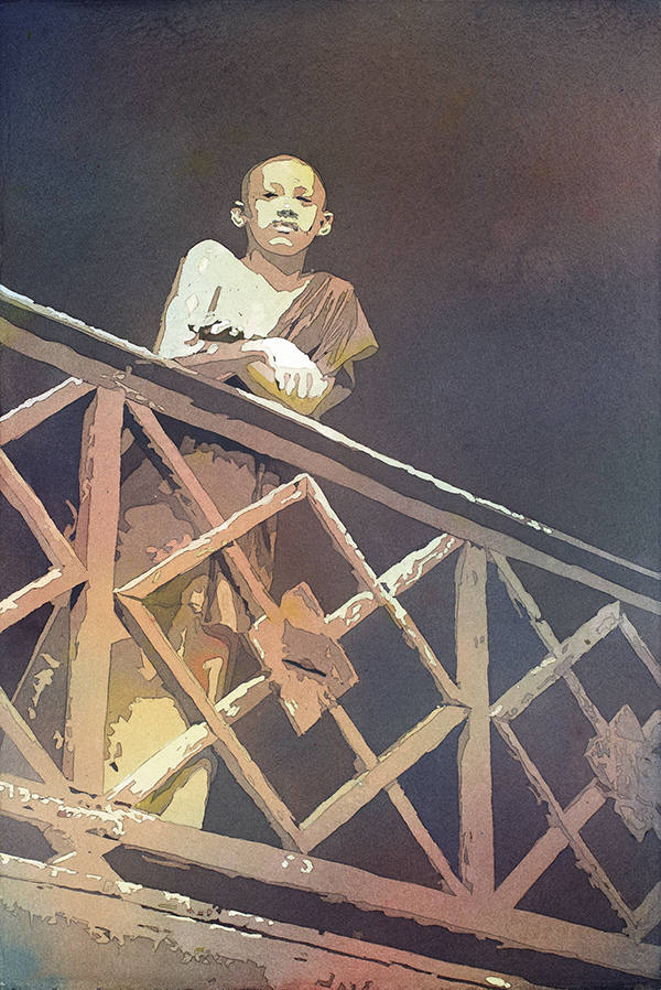 Monje budista de pie junto a la barandilla de Wat en la ciudad de Phnom Penh- Camboya, pintura de acuarela, arte colorido de acuarela de monje budista (impresión)