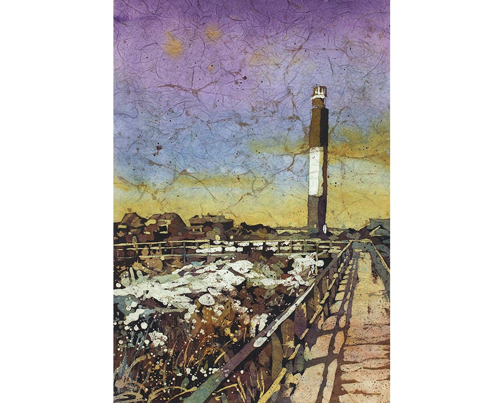Faro de la isla del roble. Pintura batik acuarela del faro de Oak Island en Carolina del Norte. Faro OBX. Pintura del faro (impresión)