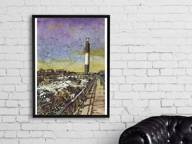 Faro de la isla del roble. Pintura batik acuarela del faro de Oak Island en Carolina del Norte. Faro OBX. Pintura del faro (impresión)