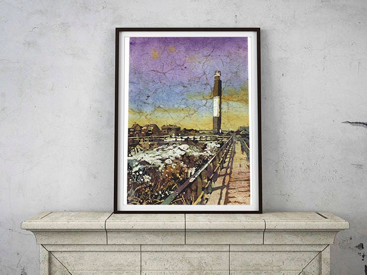 Faro de la isla del roble. Pintura batik acuarela del faro de Oak Island en Carolina del Norte. Faro OBX. Pintura del faro (impresión)