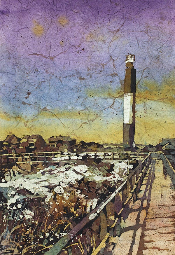 Faro de la isla del roble. Pintura batik acuarela del faro de Oak Island en Carolina del Norte. Faro OBX. Pintura del faro (impresión)
