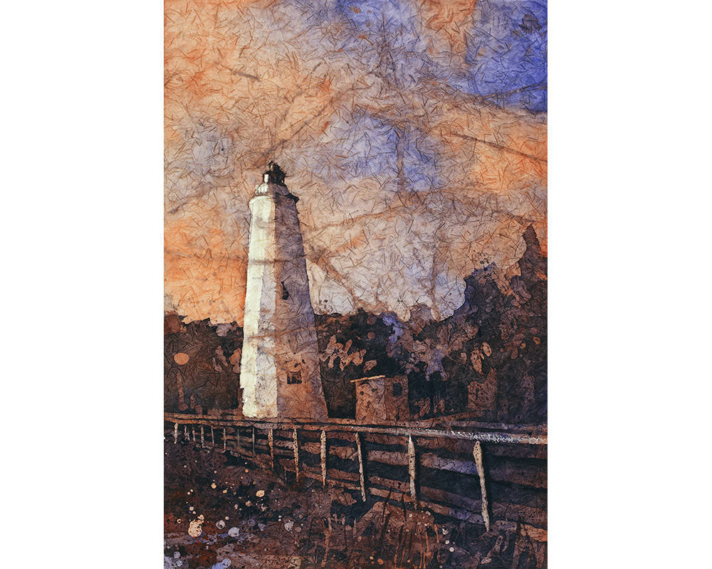 Faro de la isla Ocracoke al atardecer en los Outer Banks (OBX) de Carolina del Norte, Estados Unidos. Acuarela batik faro bellas artes Outer Banks NC (impresión)