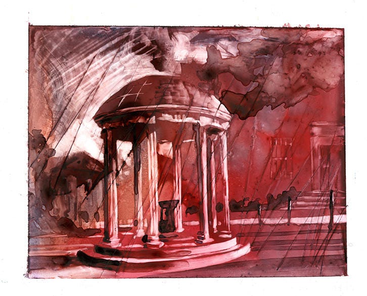 University of North Carolina Old Well watercolor painting, showcasing a beloved campus icon under a Carolina blue sky—perfect for UNC graduates and alumni decor.
